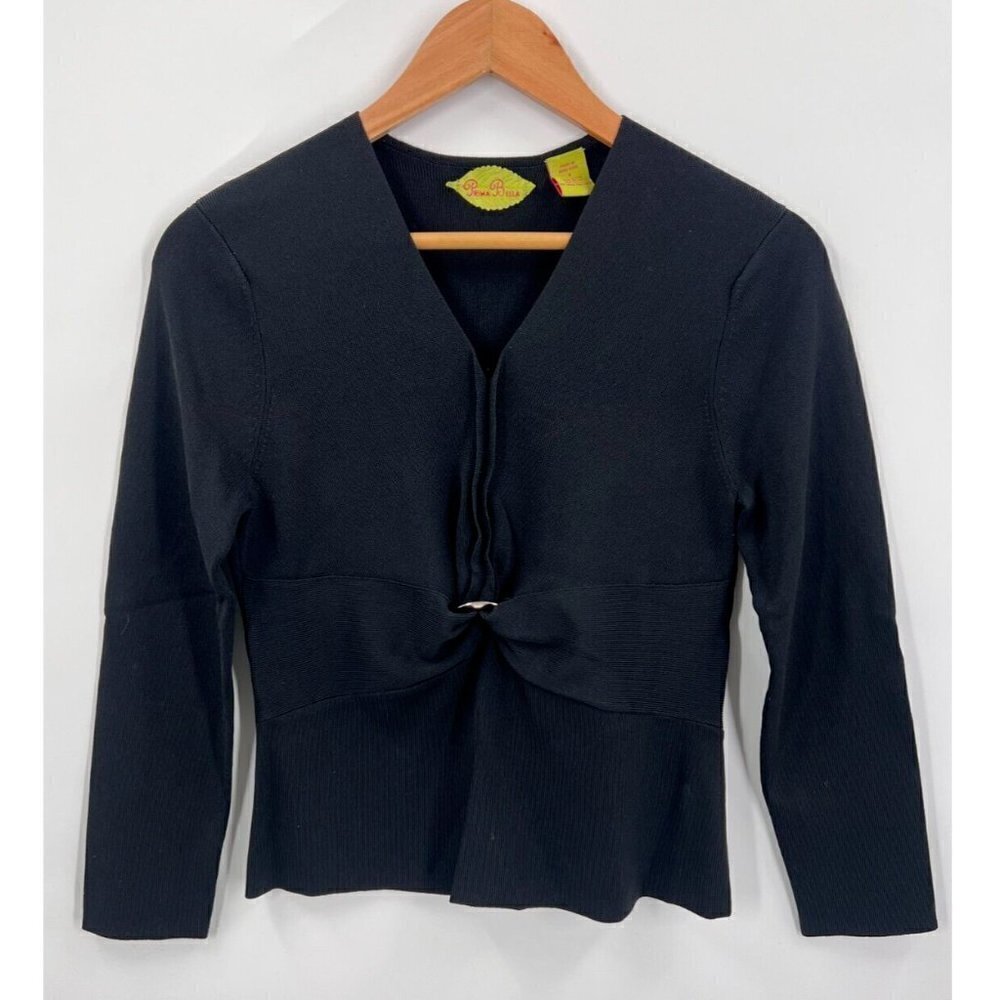 Prima Bella Rayon Blend Metal Ring Embellished 3/4 Sleeve Top Black Womens Small